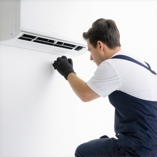 Technician installing a mini-split system in a modern home interior