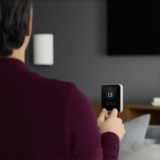Home Smart Thermostat Control Person controlling a smart thermostat in a modern home.