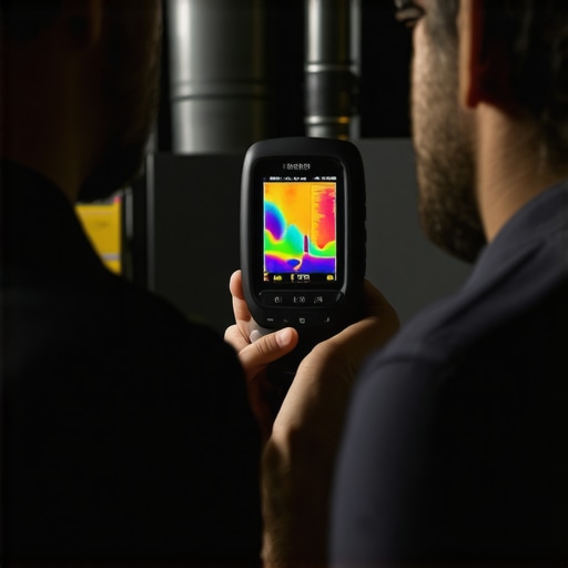 Technician inspecting a furnace with infrared thermography camera
