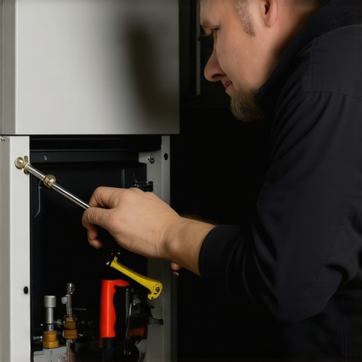 Winter Furnace Inspection by HVAC Expert HVAC technician performing winter check-up on furnace in cozy home