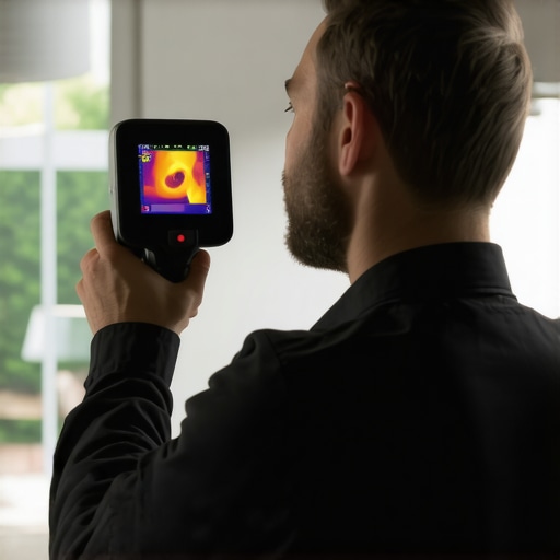 Technician performing thermal imaging diagnostics on a furnace in a well-lit home.