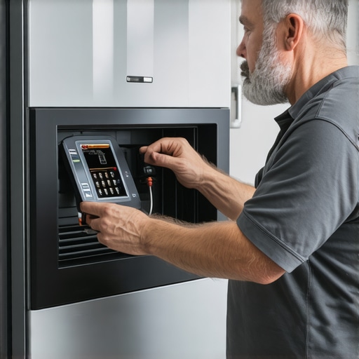 Homeowner checking a modern furnace with digital controls and diagnostic tools