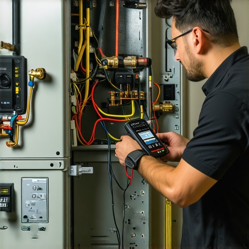 Expert HVAC Maintenance and Diagnostics HVAC technician performing furnace inspection with diagnostic tools