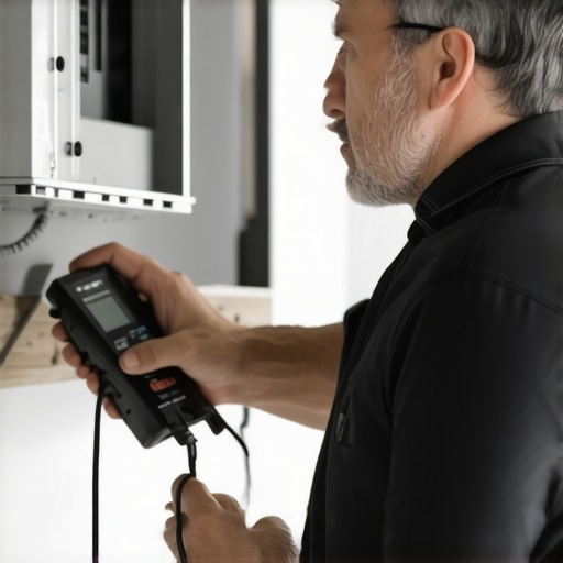 Homeowner Using Diagnostic Tools on HVAC Ducts Homeowner inspecting HVAC ductwork with advanced diagnostic tools in a modern home