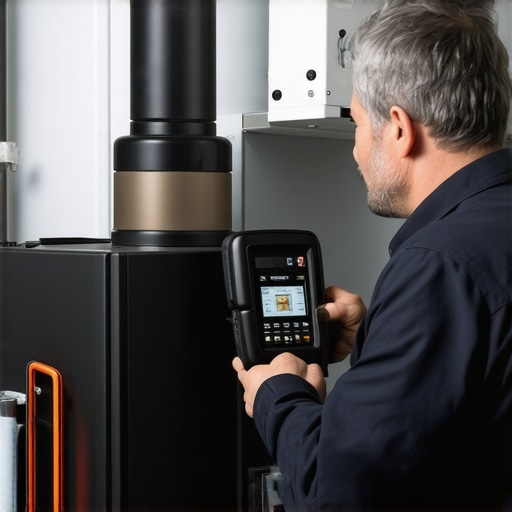 Infrared Inspection for Furnace Diagnostics HVAC technician using infrared camera to inspect heat exchanger for microcracks.