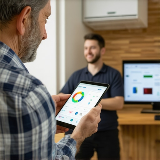 Homeowner and technician analyzing smart HVAC diagnostic data in a modern setting