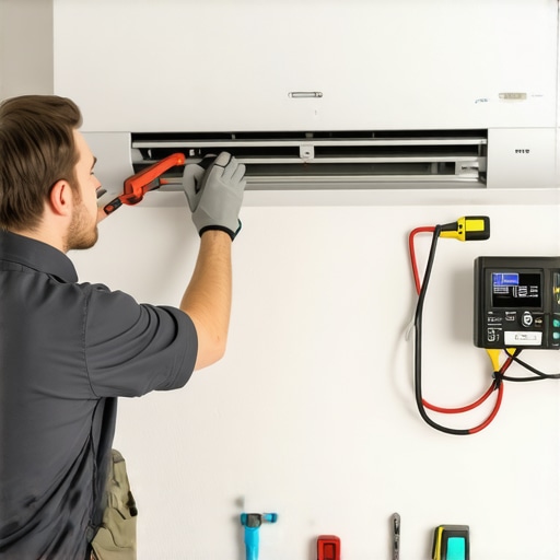 HVAC technician mounting a mini-split indoor unit on a wall during installation.