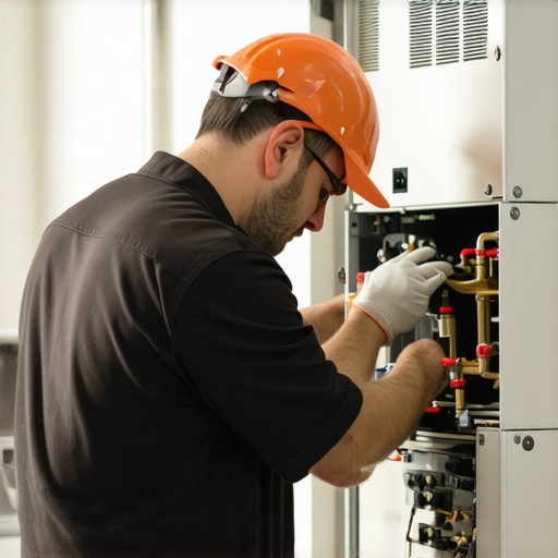 HVAC technician performing furnace maintenance in a home