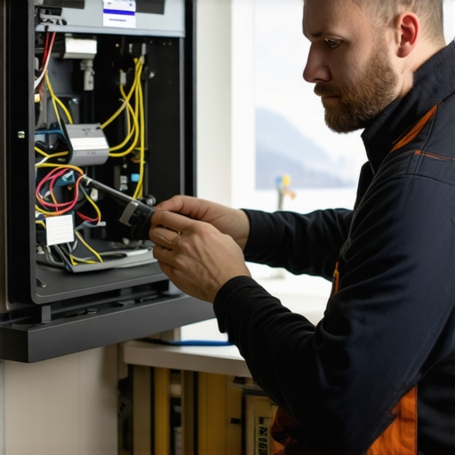 Technician inspecting furnace in a warm home during winter