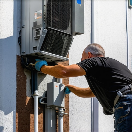 HVAC technician installing mini-split outdoor unit on a house
