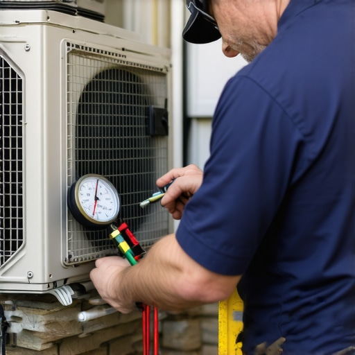 Technician inspecting a mini-split outdoor unit during a maintenance check
