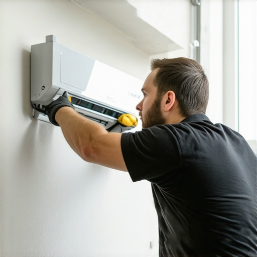 Technician mounts indoor unit of mini-split on wall