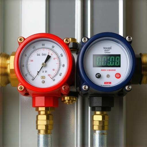 A technician using a digital manifold gauge set to diagnose refrigerant levels in an HVAC system