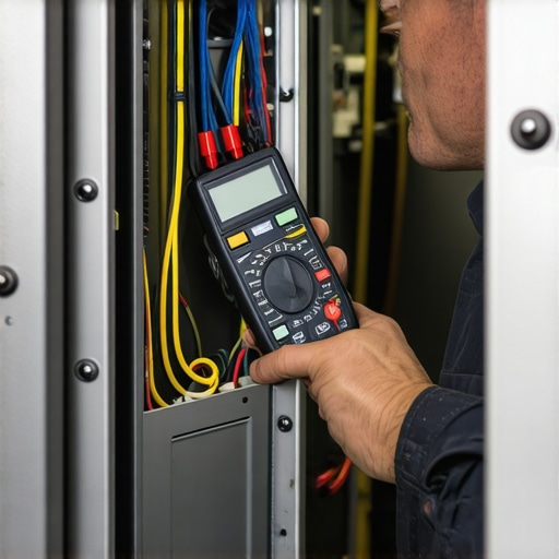 HVAC technician measuring electrical circuit of a furnace with a digital multimeter