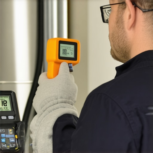 HVAC technician inspecting furnace with digital tools