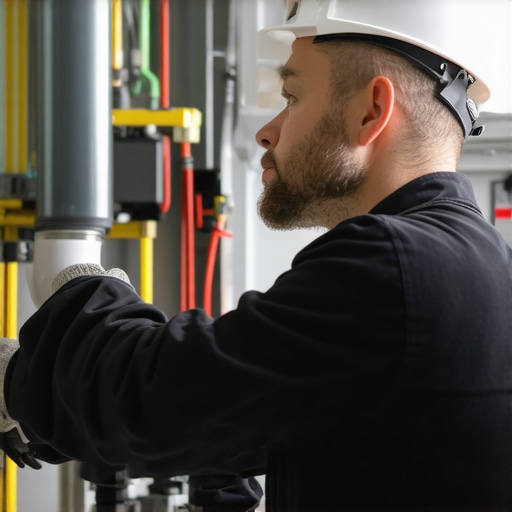 HVAC technician checking duct sealing and refrigerant lines during system installation.