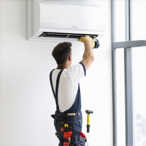 Technician mounting a mini-split indoor unit high on a wall in a home.