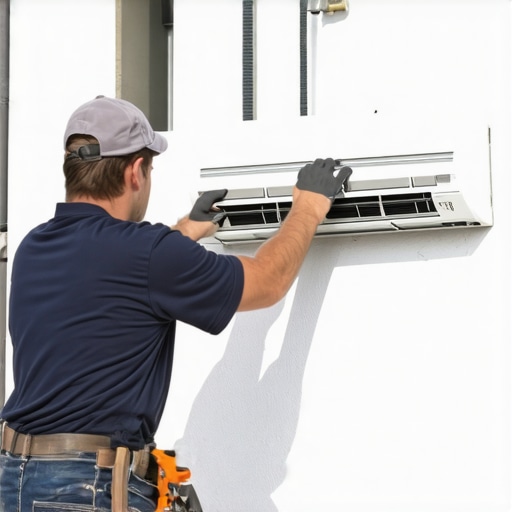 HVAC technician mounting a mini-split indoor unit on a home wall