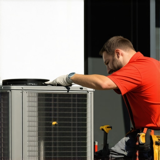 HVAC technician installing outdoor AC unit on a residential property with tools and safety gear.