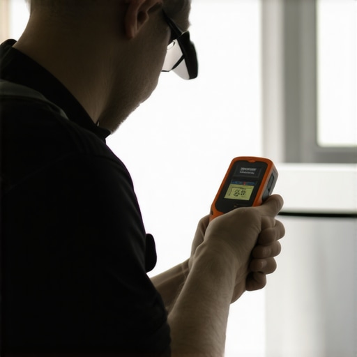 HVAC technician using digital gauge and infrared thermometer to maintain heating and cooling systems.